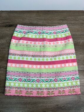 Lilly Pulitzer Striped Ribbon Embroidered Mini Skirt Size 2 Pink Green White